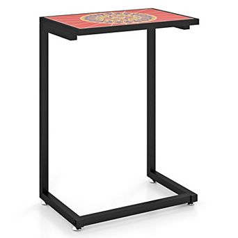 Gymax C-shaped Outdoor Side End Table w/ Ceramic Top for Patio Living Room Balcony