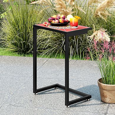 Gymax C-shaped Outdoor Side End Table w/ Ceramic Top for Patio Living Room Balcony