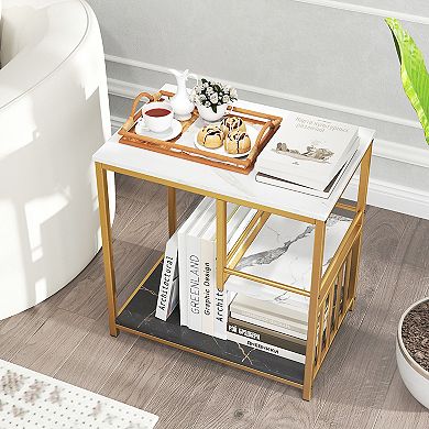 Gymax End Table 3-Tier Faux Marble Side Table w/ Storage Shelves Luxury Rectangular Sofa Side Table