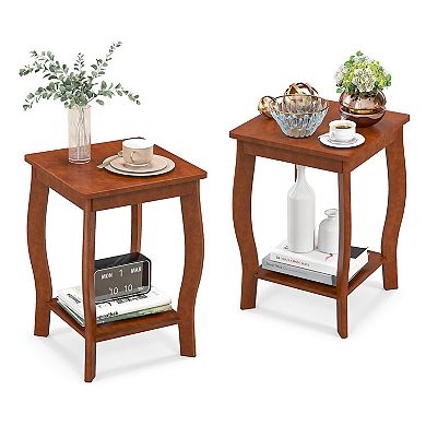 Gymax 2-Tier Square End Table Set of 2 Narrow Sofa Side Nightstand w/ Storage Shelf