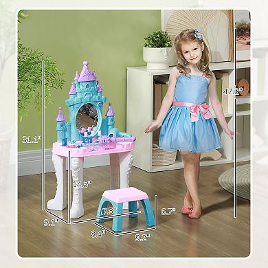 Qaba Kids Vanity Set with Mirror and Stool, Light, Music, Castle Design