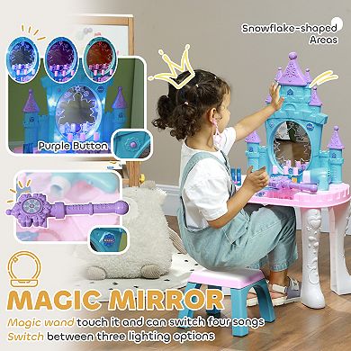 Qaba Kids Vanity Set with Mirror and Stool, Light, Music, Castle Design