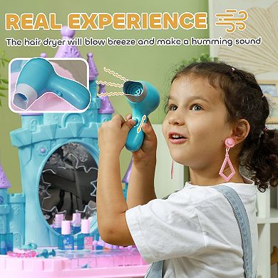 Qaba Kids Vanity Set with Mirror and Stool, Light, Music, Castle Design