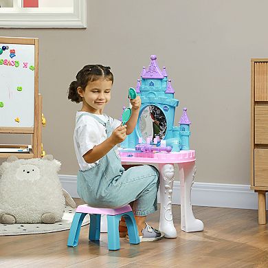 Qaba Kids Vanity Set with Mirror and Stool, Light, Music, Castle Design