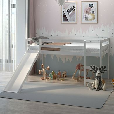 Gymax Loft Bed with Slide Wood Low Sturdy Loft Bed Bedroom​