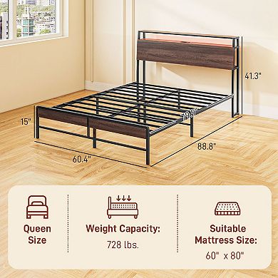 HOMCOM Queen Bed Frame with Headboard, LED Lights, Charging Station