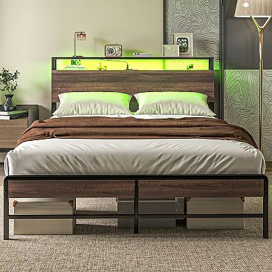 HOMCOM Queen Bed Frame with Headboard, LED Lights, Charging Station