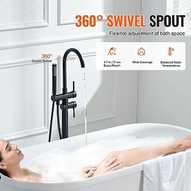 Freestanding Bathtub Faucet with Dual Handles, Handheld Shower, and Waterfall Spout