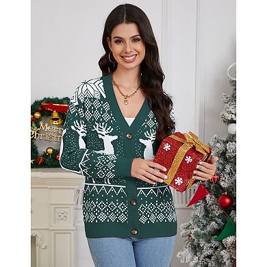 Women's Christmas Ugly Sweater Button Down Open Front Ribbed Kint Long Sleeve Cardigan