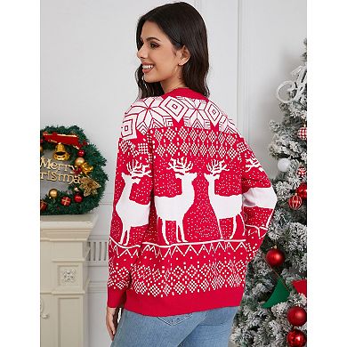 Women's Christmas Ugly Sweater Button Down Open Front Ribbed Kint Long Sleeve Cardigan