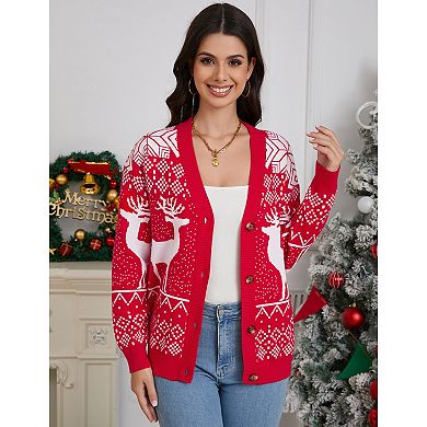 Women's Christmas Ugly Sweater Button Down Open Front Ribbed Kint Long Sleeve Cardigan