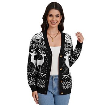Women's Christmas Ugly Sweater Button Down Open Front Ribbed Kint Long Sleeve Cardigan