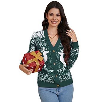 Women's Christmas Ugly Sweater Button Down Open Front Ribbed Kint Long Sleeve Cardigan