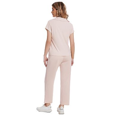 Women Two Piece Outfits Short Sleeve Lounge Sets Front Zip Polo Tops with Solid Pants Tracksuit