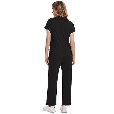 Women Two Piece Outfits Short Sleeve Lounge Sets Front Zip Polo Tops with Solid Pants Tracksuit
