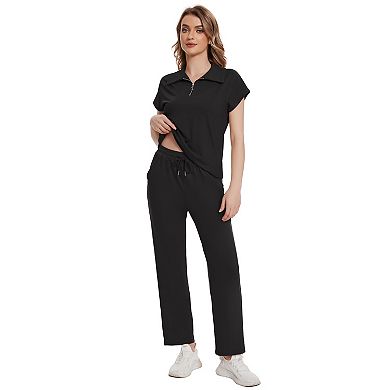 Women Two Piece Outfits Short Sleeve Lounge Sets Front Zip Polo Tops with Solid Pants Tracksuit