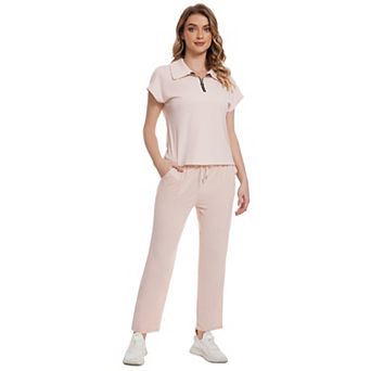 Women Two Piece Outfits Short Sleeve Lounge Sets Front Zip Polo Tops with Solid Pants Tracksuit