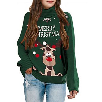 Girls Christmas Turtleneck Sweaters Kids Long Sleeve Chunky Knit Pullover Xmas Warm Funny Tops