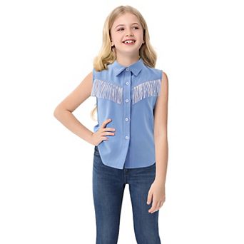 Girls Fringe Shirt Sleeveless Button Down Western Cowgirl Tassel Trim Casual Blouse Top 4-13Y