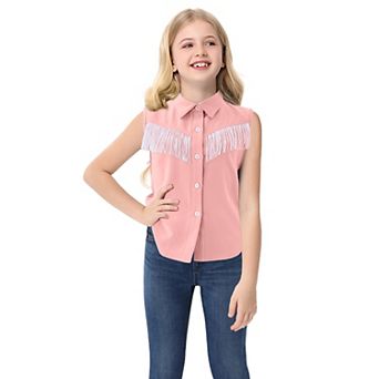Girls Fringe Shirt Sleeveless Button Down Western Cowgirl Tassel Trim Casual Blouse Top 4-13Y