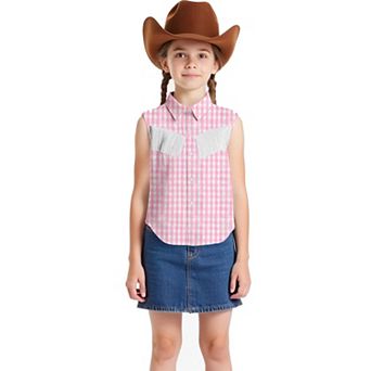 Girls Fringe Shirt Sleeveless Button Down Western Cowgirl Tassel Trim Casual Blouse Top 4-13Y