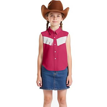 Girls Fringe Shirt Sleeveless Button Down Western Cowgirl Tassel Trim Casual Blouse Top 4-13Y
