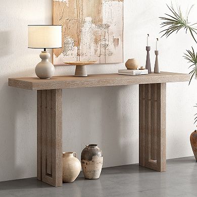 Oak Veneer Console Table with Distinctive Side Shapes
