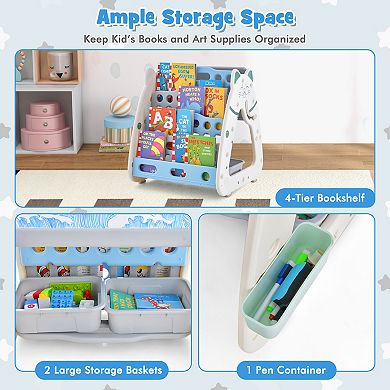 3-In-1 Double Sided Magnetic Dry-Erase Board with Stool and Flipped Writing Desktop-Navy