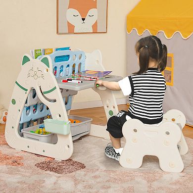 3-In-1 Double Sided Magnetic Dry-Erase Board with Stool and Flipped Writing Desktop-Navy