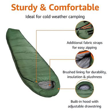 20°F Mummy Sleeping Bag, 82" x 33", Cold Weather, Olive Green