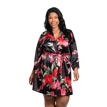 Plus Size Lilac+London Satin Robe With Lace Detail