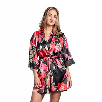 Women's Lilac+London Print Satin Robe With Lace Detail