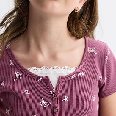 Girls 7-20 SO® Short Sleeve Lace Trim Henley Shirt in Regular & Plus Size