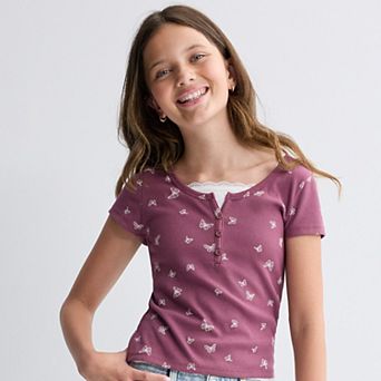Girls 7-20 SO® Short Sleeve Lace Trim Henley Shirt in Regular & Plus Size