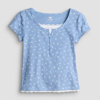 Girls 7-20 SO® Short Sleeve Lace Trim Henley Shirt in Regular & Plus Size