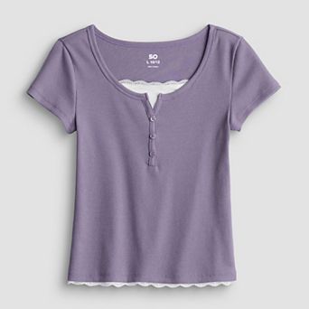 Girls 7-20 SO® Short Sleeve Lace Trim Henley Shirt in Regular & Plus Size