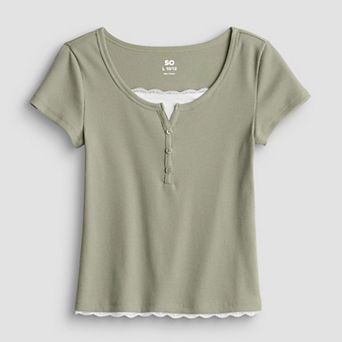 Girls 7-20 SO® Short Sleeve Lace Trim Henley Shirt in Regular & Plus Size
