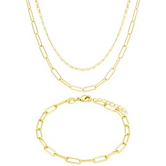 Brilliance Figaro & Diamond Cut Paperclip Link Double Layer Necklace & Bracelet Set