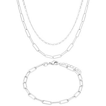 Brilliance Figaro & Diamond Cut Paperclip Link Double Layer Necklace & Bracelet Set