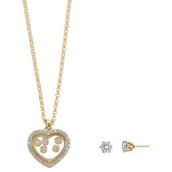 Gold-Tone Cubic Zirconia Heart Necklace & Earring Set