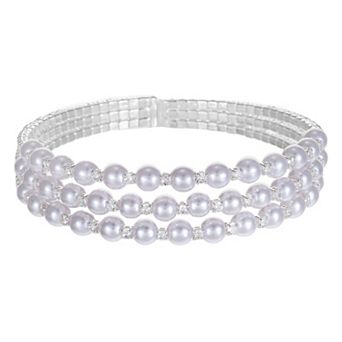 Silver-Tone Cubic Zirconia Glass Simulated Pearl Bracelet