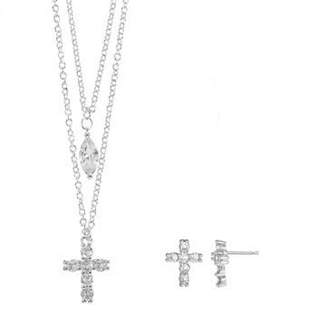 Silver-Tone Cubic Zirconia Cross Pendant Necklace & Earrings Set