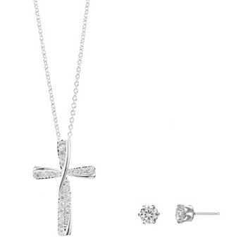 Silver-Tone Cubic Zirconia Cross Necklace & Earring Set