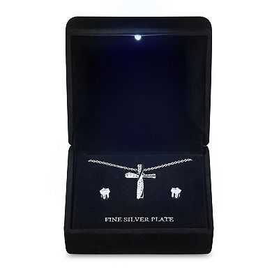 Silver-Tone Cubic Zirconia Cross Necklace & Earring Set