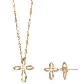 Gold-Tone Cubic Zirconia Cross Necklace & Earrings Set