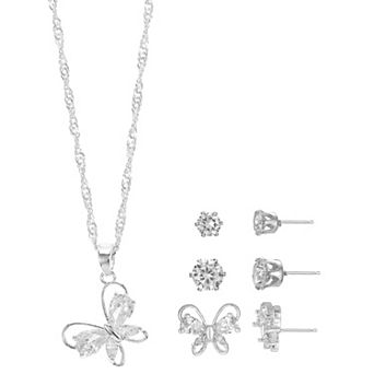 Silver-Tone Cubic Zirconia Butterfly Pendant Necklace & 3-Pair Earrings Set