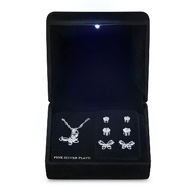 Silver-Tone Cubic Zirconia Butterfly Pendant Necklace & 3-Pair Earrings Set