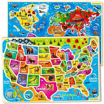 QUOKKA Set of 2 Wooden Realistic Puzzles States and World Map for Kids 4-6 Years Geography Learning
