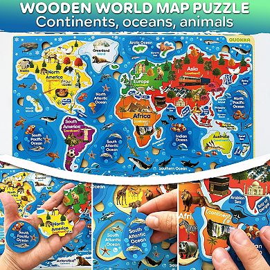 QUOKKA Set of 2 Wooden Realistic Puzzles States and World Map for Kids 4-6 Years Geography Learning