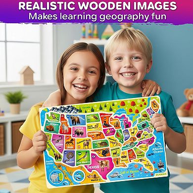 QUOKKA Set of 2 Wooden Realistic Puzzles States and World Map for Kids 4-6 Years Geography Learning